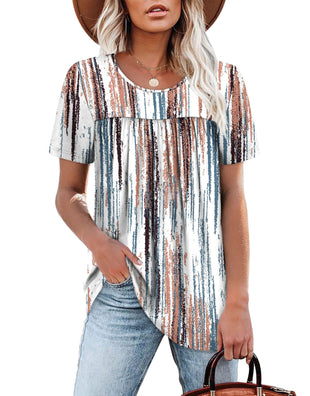 WIHOLL Womens Tops Short Sleeve T Shirts Pleated Dressy Casual Round Neck Summer Clothes Outfits Blouses Loose Fit - 7DAY'S