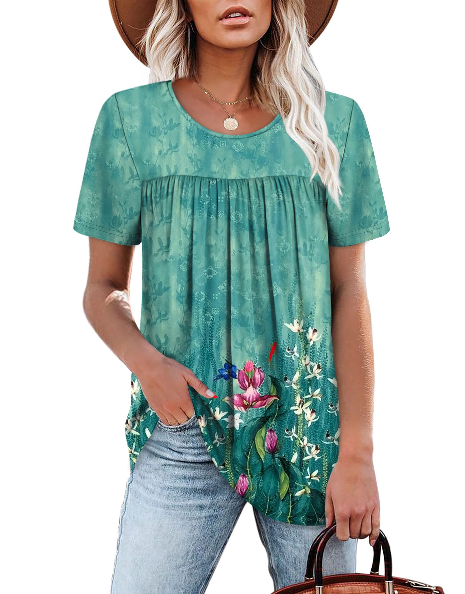 WIHOLL Womens Tops Short Sleeve T Shirts Pleated Dressy Casual Round Neck Summer Clothes Outfits Blouses Loose Fit - 7DAY'S