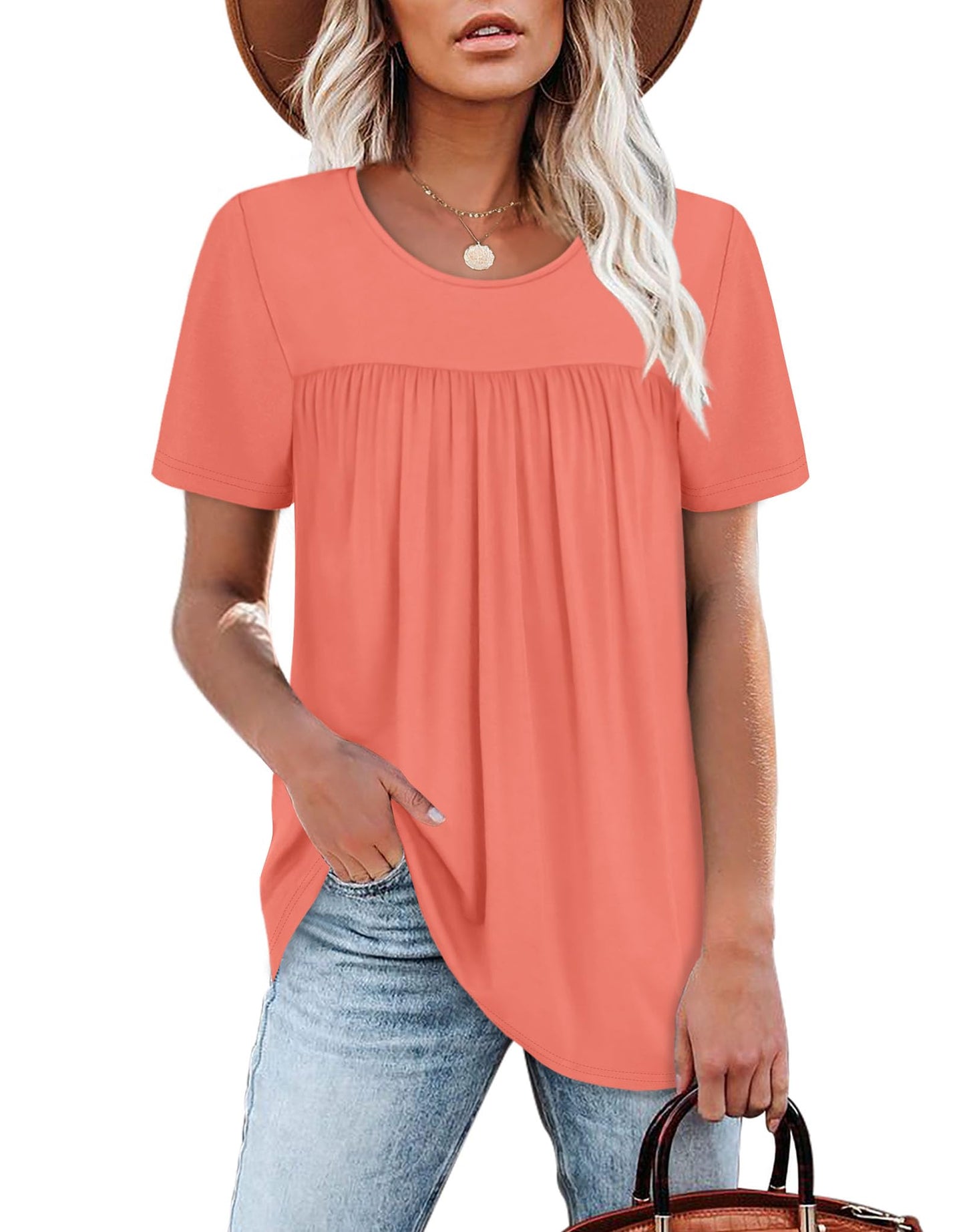 WIHOLL Womens Tops Short Sleeve T Shirts Pleated Dressy Casual Round Neck Summer Clothes Outfits Blouses Loose Fit - 7DAY'S