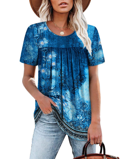 WIHOLL Womens Tops Short Sleeve T Shirts Pleated Dressy Casual Round Neck Summer Clothes Outfits Blouses Loose Fit - 7DAY'S