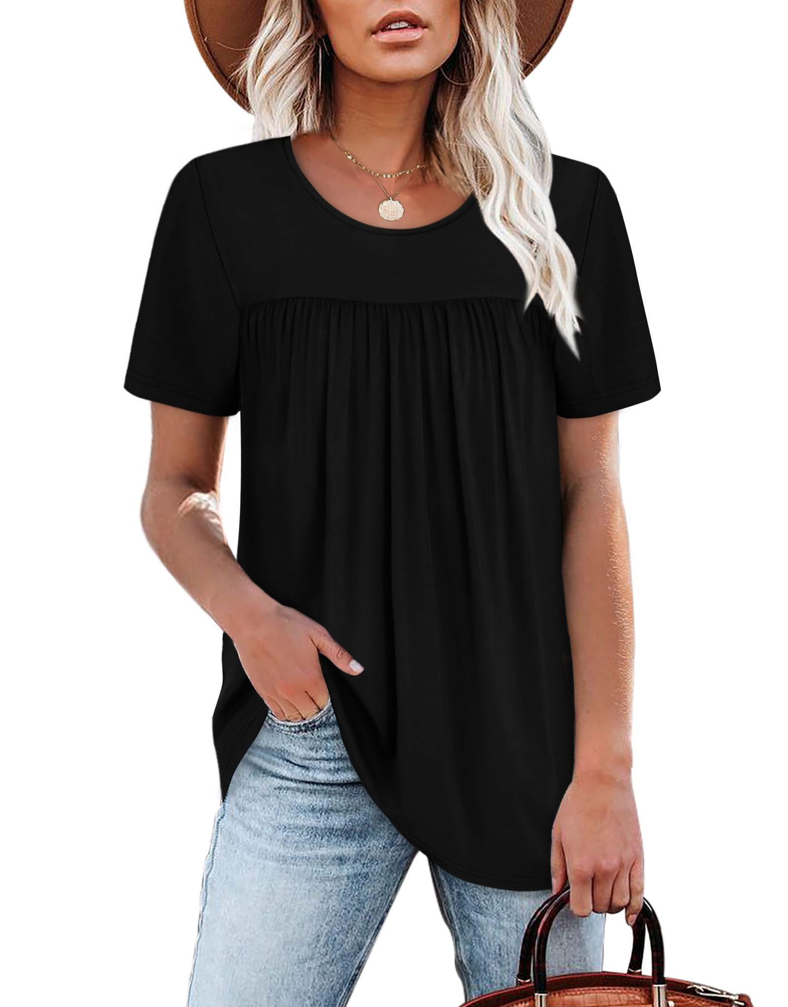 WIHOLL Womens Tops Short Sleeve T Shirts Pleated Dressy Casual Round Neck Summer Clothes Outfits Blouses Loose Fit - 7DAY'S