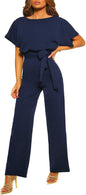 Women Casual Loose Short Sleeve Belted Wide Leg Pant Romper Jumpsuits - 7DAY'S