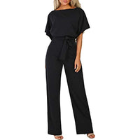 Women Casual Loose Short Sleeve Belted Wide Leg Pant Romper Jumpsuits - 7DAY'S