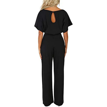 Women Casual Loose Short Sleeve Belted Wide Leg Pant Romper Jumpsuits - 7DAY'S
