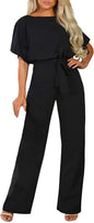 Women Casual Loose Short Sleeve Belted Wide Leg Pant Romper Jumpsuits - 7DAY'S