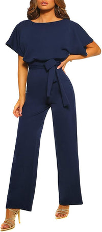 Women Casual Loose Short Sleeve Belted Wide Leg Pant Romper Jumpsuits - 7DAY'S