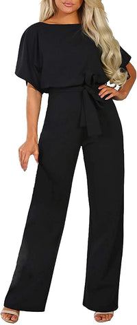 Women Casual Loose Short Sleeve Belted Wide Leg Pant Romper Jumpsuits - 7DAY'S