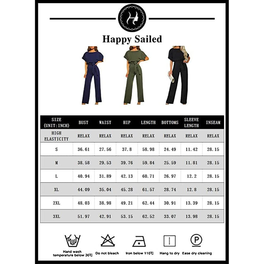 Women Casual Loose Short Sleeve Belted Wide Leg Pant Romper Jumpsuits - 7DAY'S