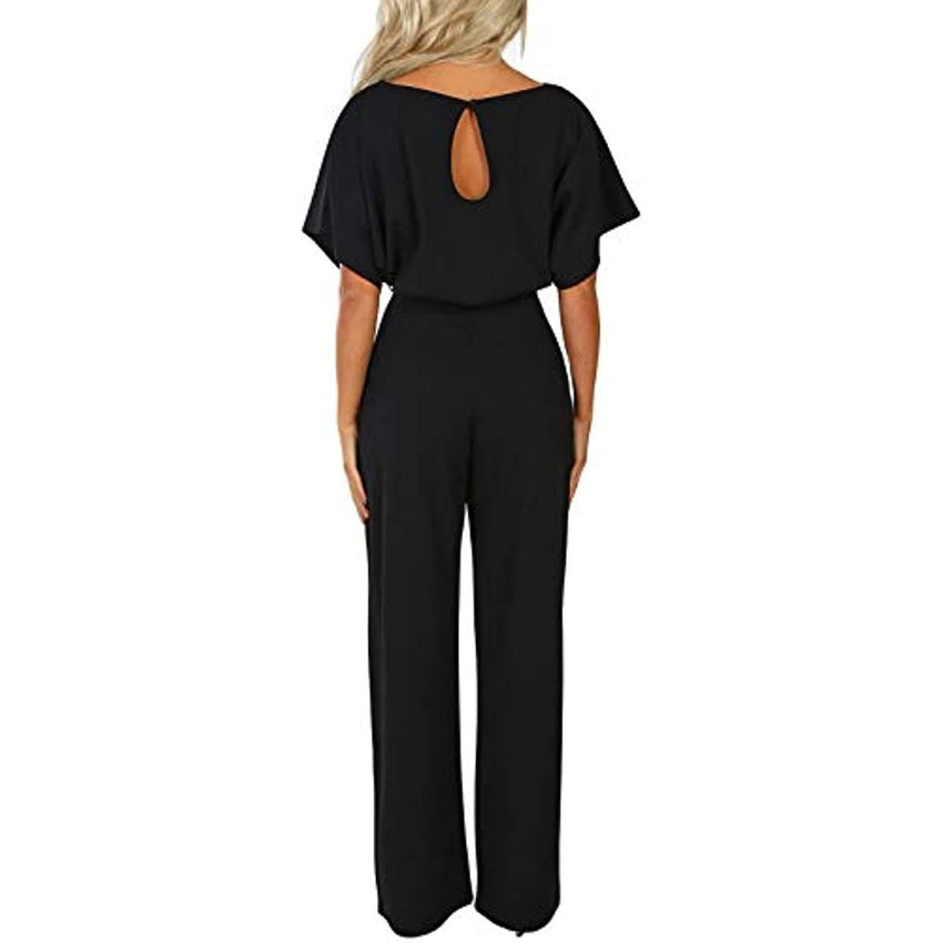 Women Casual Loose Short Sleeve Belted Wide Leg Pant Romper Jumpsuits - 7DAY'S