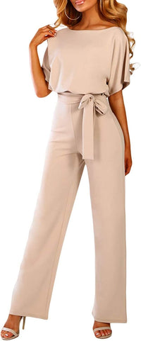 Women Casual Loose Short Sleeve Belted Wide Leg Pant Romper Jumpsuits - 7DAY'S