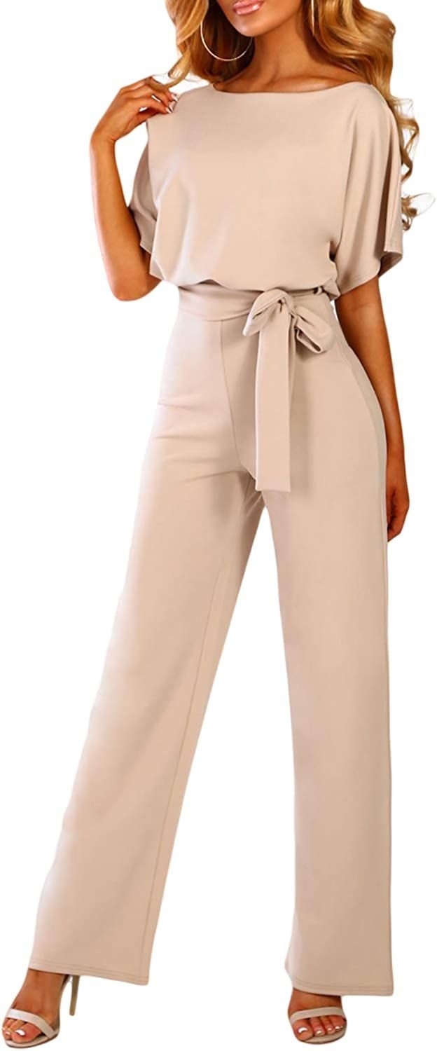 Women Casual Loose Short Sleeve Belted Wide Leg Pant Romper Jumpsuits - 7DAY'S