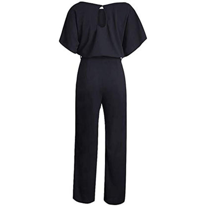 Women Casual Loose Short Sleeve Belted Wide Leg Pant Romper Jumpsuits - 7DAY'S