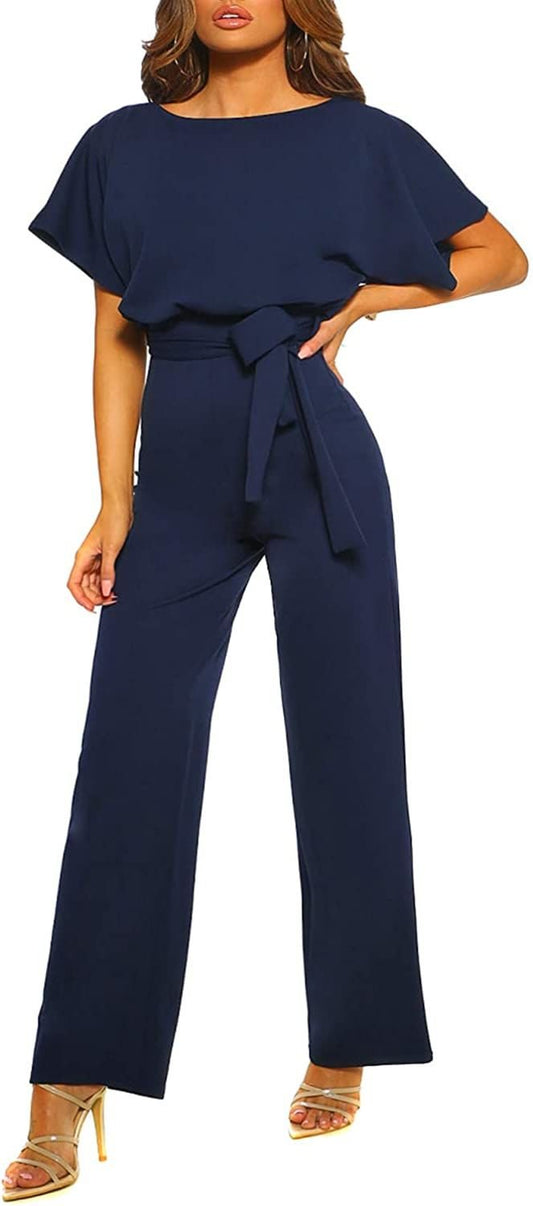 Women Casual Loose Short Sleeve Belted Wide Leg Pant Romper Jumpsuits - 7DAY'S