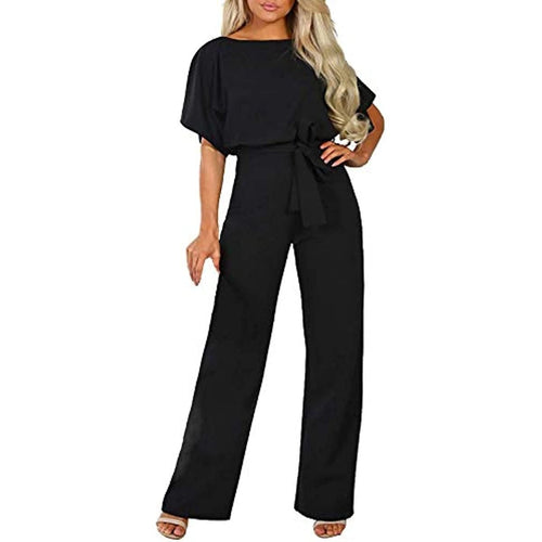 Women Casual Loose Short Sleeve Belted Wide Leg Pant Romper Jumpsuits - 7DAY'S