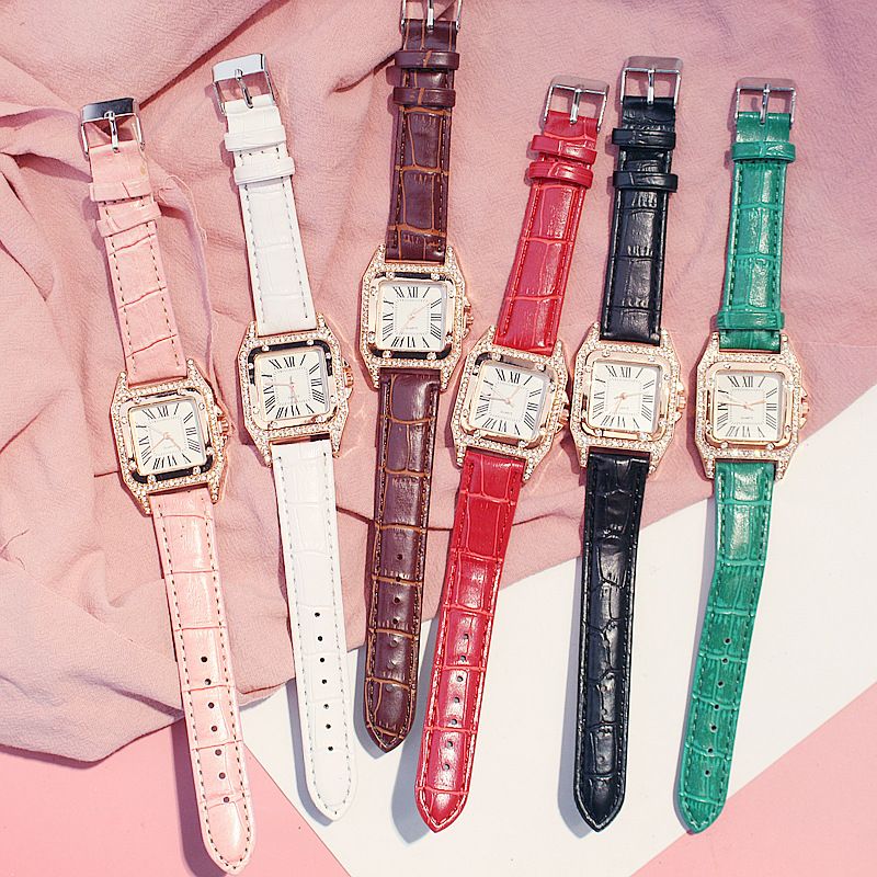 Women Diamond Watch Starry Square Dial Bracelet Watches Ladies Leather Band Quartz Wristwatch Female Clock(No Box) - 7DAY'S