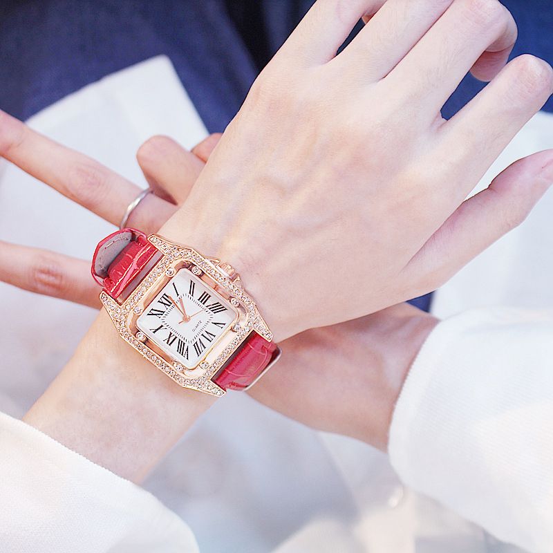 Women Diamond Watch Starry Square Dial Bracelet Watches Ladies Leather Band Quartz Wristwatch Female Clock(No Box) - 7DAY'S