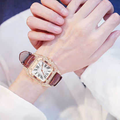 Women Diamond Watch Starry Square Dial Bracelet Watches Ladies Leather Band Quartz Wristwatch Female Clock(No Box) - 7DAY'S