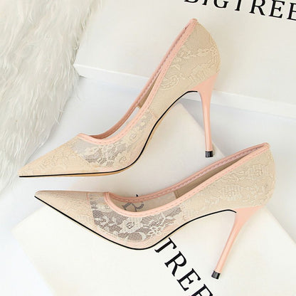 Women Pumps; Sexy heels; women's shoes; stiletto heels; pointed toe heels; mesh cutout lace trims - 7DAY'S