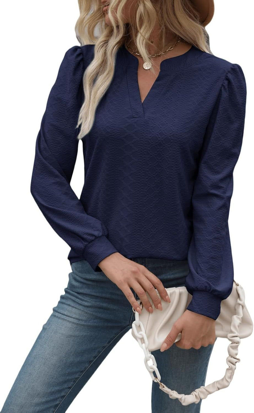 Women Tops Blouse Causal Shirts Puff Long Sleeve Tunic V Neck - 7DAY'S