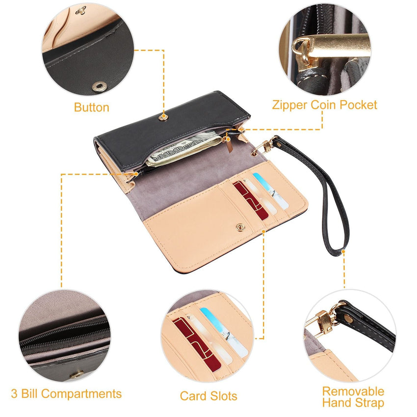 Women Wristlet Wallet PU Leather Lady Purse Credit Card Holder 4 Card Slots 3 Money Pouches 1 Coin Pocket - 7DAY'S