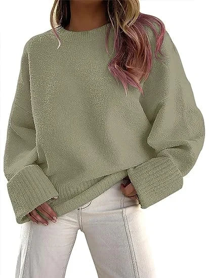 Women's Crewneck Long Sleeve Oversized Fuzzy Knit Chunky Warm Pullover Sweater Top - 7DAY'S