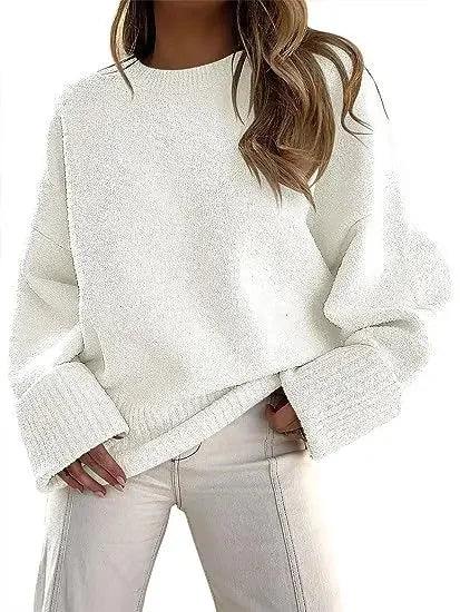 Women's Crewneck Long Sleeve Oversized Fuzzy Knit Chunky Warm Pullover Sweater Top - 7DAY'S