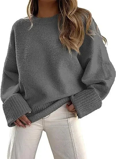 Women's Crewneck Long Sleeve Oversized Fuzzy Knit Chunky Warm Pullover Sweater Top - 7DAY'S