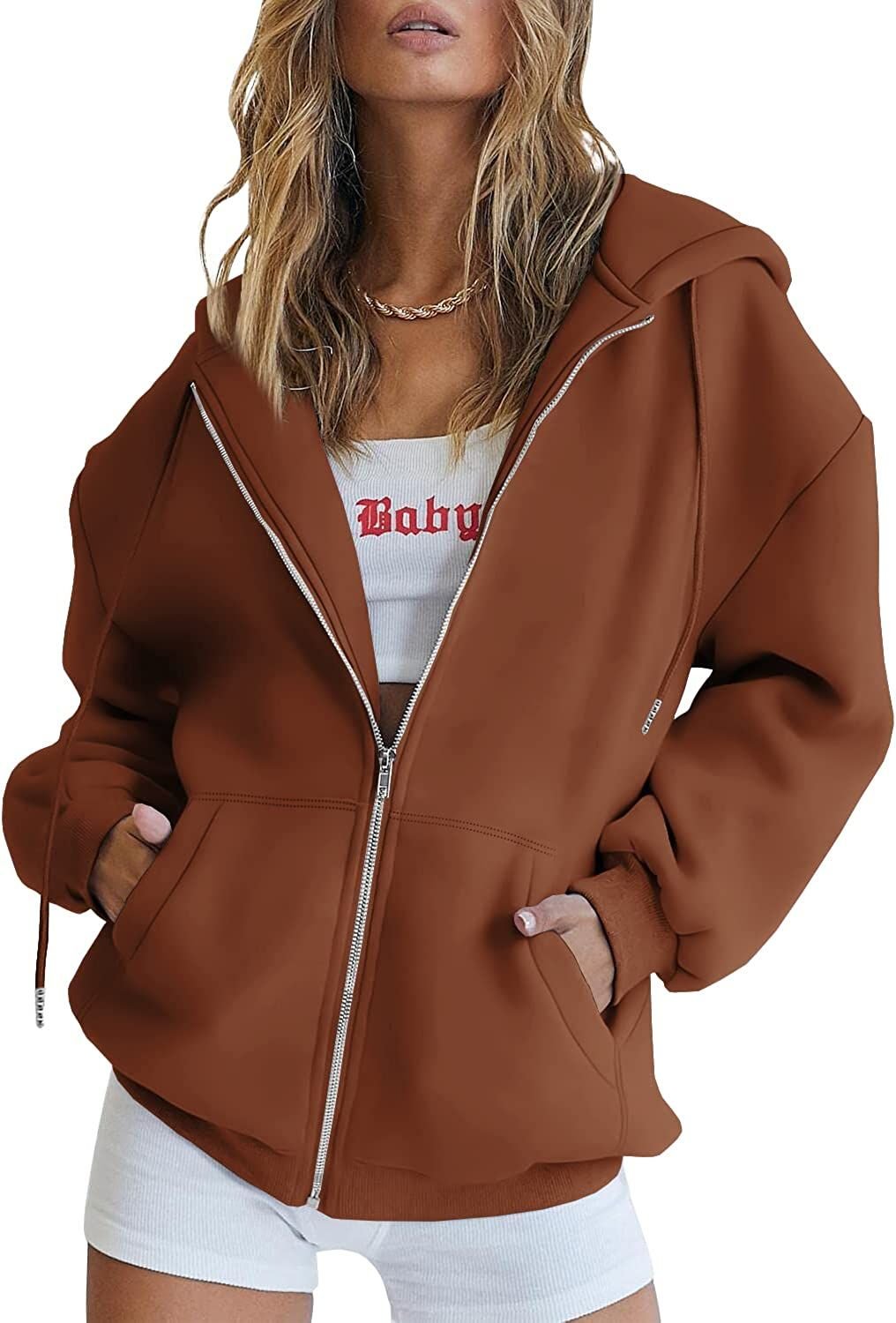 Women's Cute Hoodies Teen Girl Fall Jacket Oversized Sweatshirts Casual Drawstring Clothes Zip Up Y2K Hoodie with Pocket - 7DAY'S