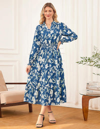 Women's Floral Dress for Women 2025 Fall Midi Dress Casual Long Sleeve V Neck A Line Flowy Shirt Dresses with Pocket - 7DAY'S