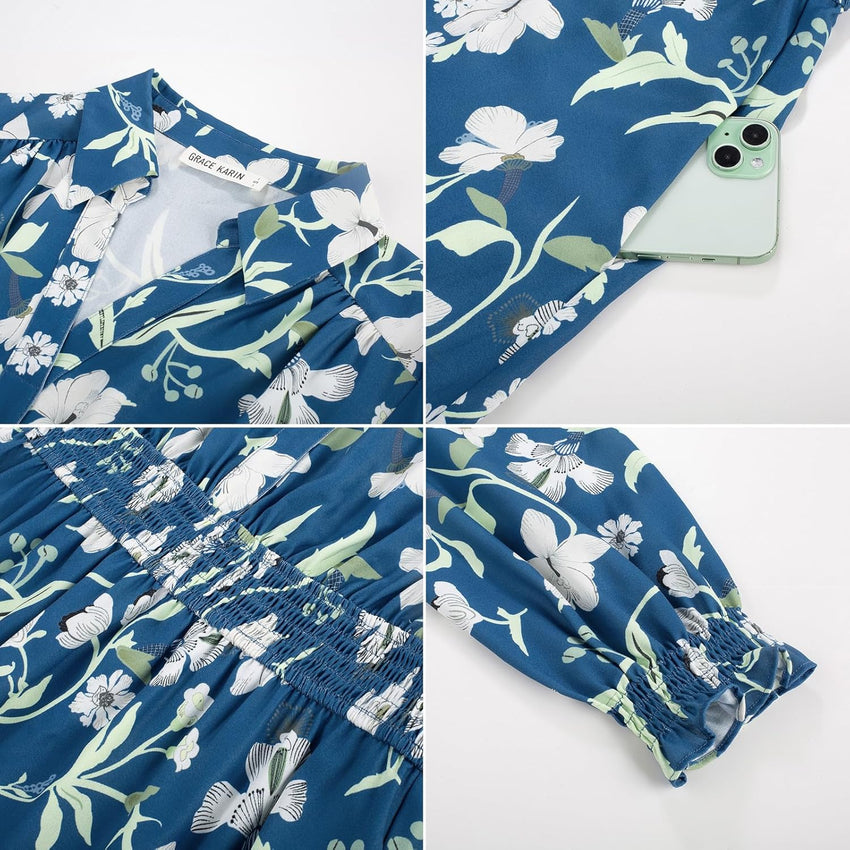 Women's Floral Dress for Women 2025 Fall Midi Dress Casual Long Sleeve V Neck A Line Flowy Shirt Dresses with Pocket - 7DAY'S