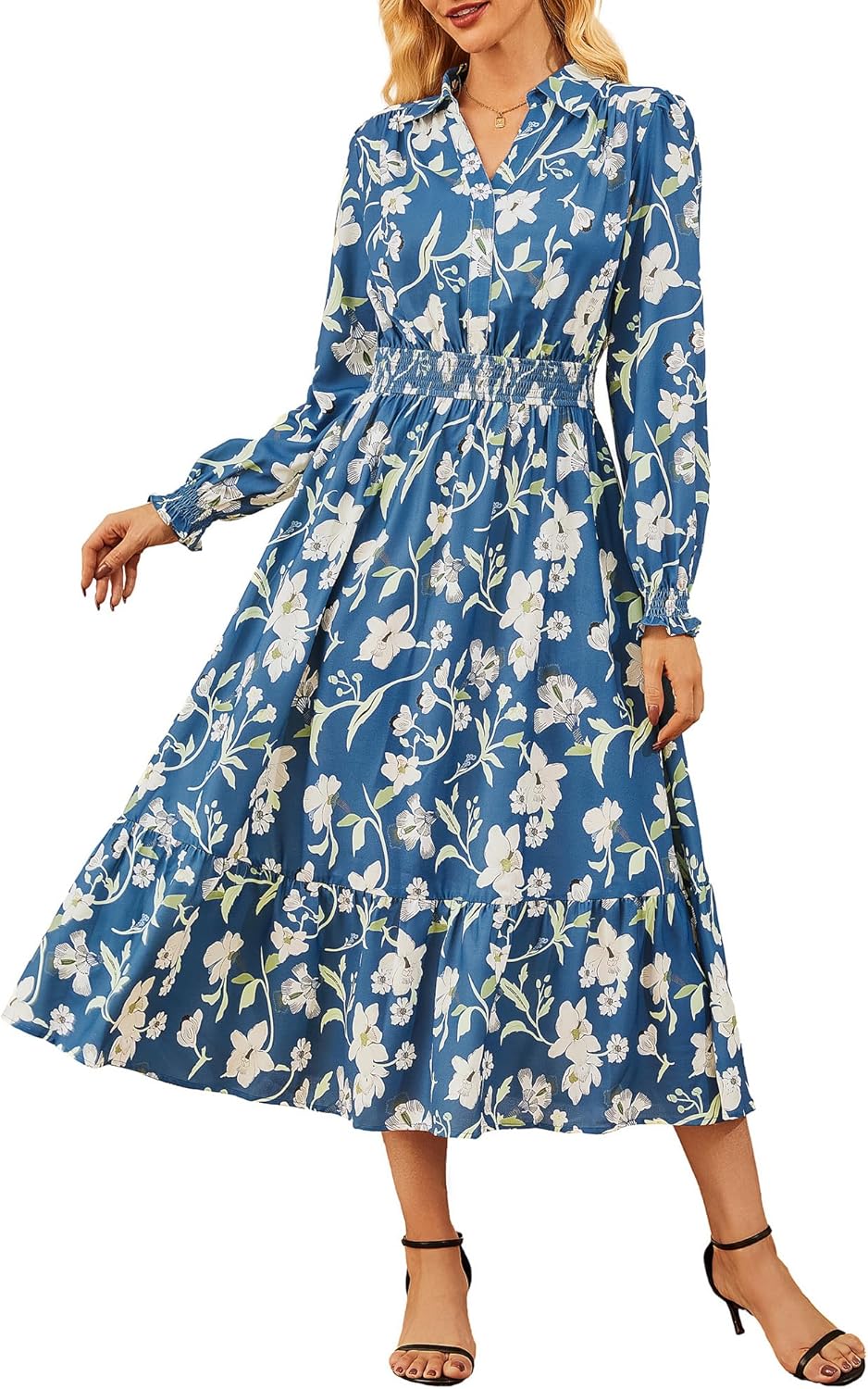 Women's Floral Dress for Women 2025 Fall Midi Dress Casual Long Sleeve V Neck A Line Flowy Shirt Dresses with Pocket - 7DAY'S
