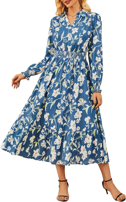 Women's Floral Dress for Women 2025 Fall Midi Dress Casual Long Sleeve V Neck A Line Flowy Shirt Dresses with Pocket - 7DAY'S