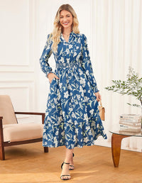 Women's Floral Dress for Women 2025 Fall Midi Dress Casual Long Sleeve V Neck A Line Flowy Shirt Dresses with Pocket - 7DAY'S