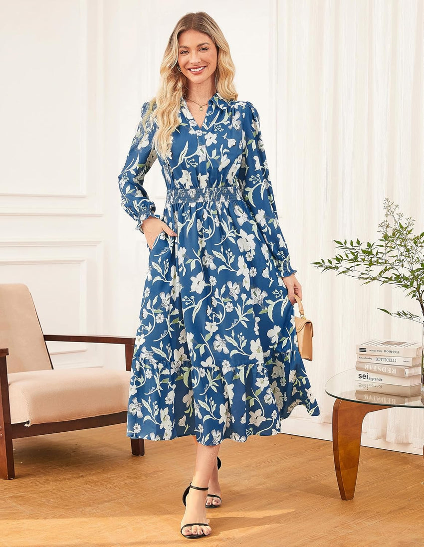 Women's Floral Dress for Women 2025 Fall Midi Dress Casual Long Sleeve V Neck A Line Flowy Shirt Dresses with Pocket - 7DAY'S