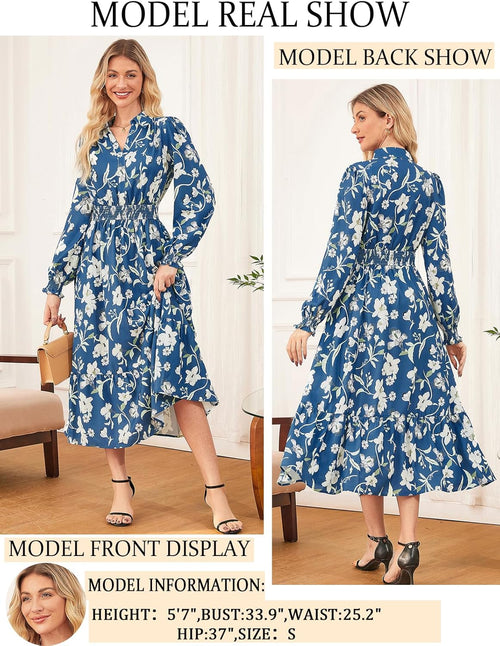 Women's Floral Dress for Women 2025 Fall Midi Dress Casual Long Sleeve V Neck A Line Flowy Shirt Dresses with Pocket - 7DAY'S