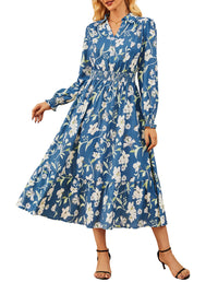 Women's Floral Dress for Women 2025 Fall Midi Dress Casual Long Sleeve V Neck A Line Flowy Shirt Dresses with Pocket - 7DAY'S