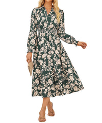 Women's Floral Dress for Women 2025 Fall Midi Dress Casual Long Sleeve V Neck A Line Flowy Shirt Dresses with Pocket - 7DAY'S