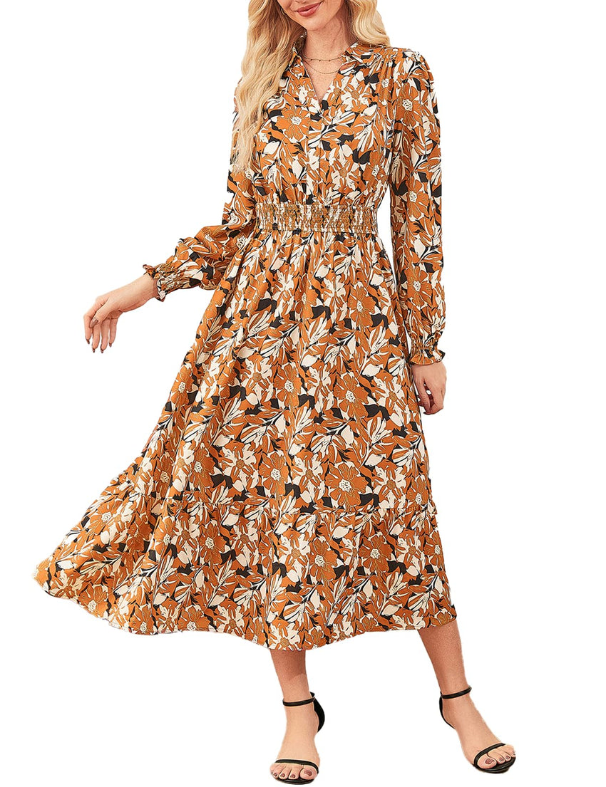 Women's Floral Dress for Women 2025 Fall Midi Dress Casual Long Sleeve V Neck A Line Flowy Shirt Dresses with Pocket - 7DAY'S