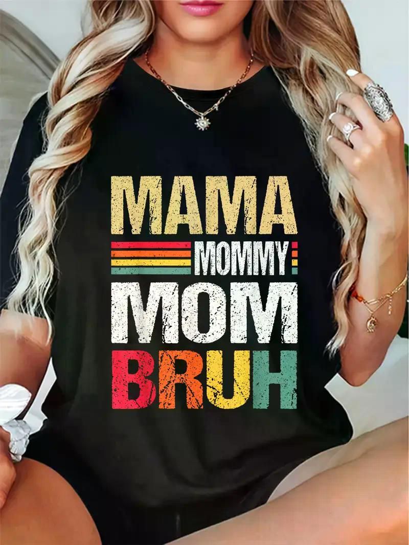 Women's Funny Mama Mommy Mom Bruh Graphic T-Shirt - 100% Casual Short Sleeve Tee with Bold Colorful Lettering, Mother's Day Gift, - 7DAY'S