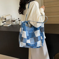 Women's Large Capacity Denim Color - contrast Check Idle Style Shoulder Commute Leisure Handbag Versatile Tote Bag - 7DAY'S