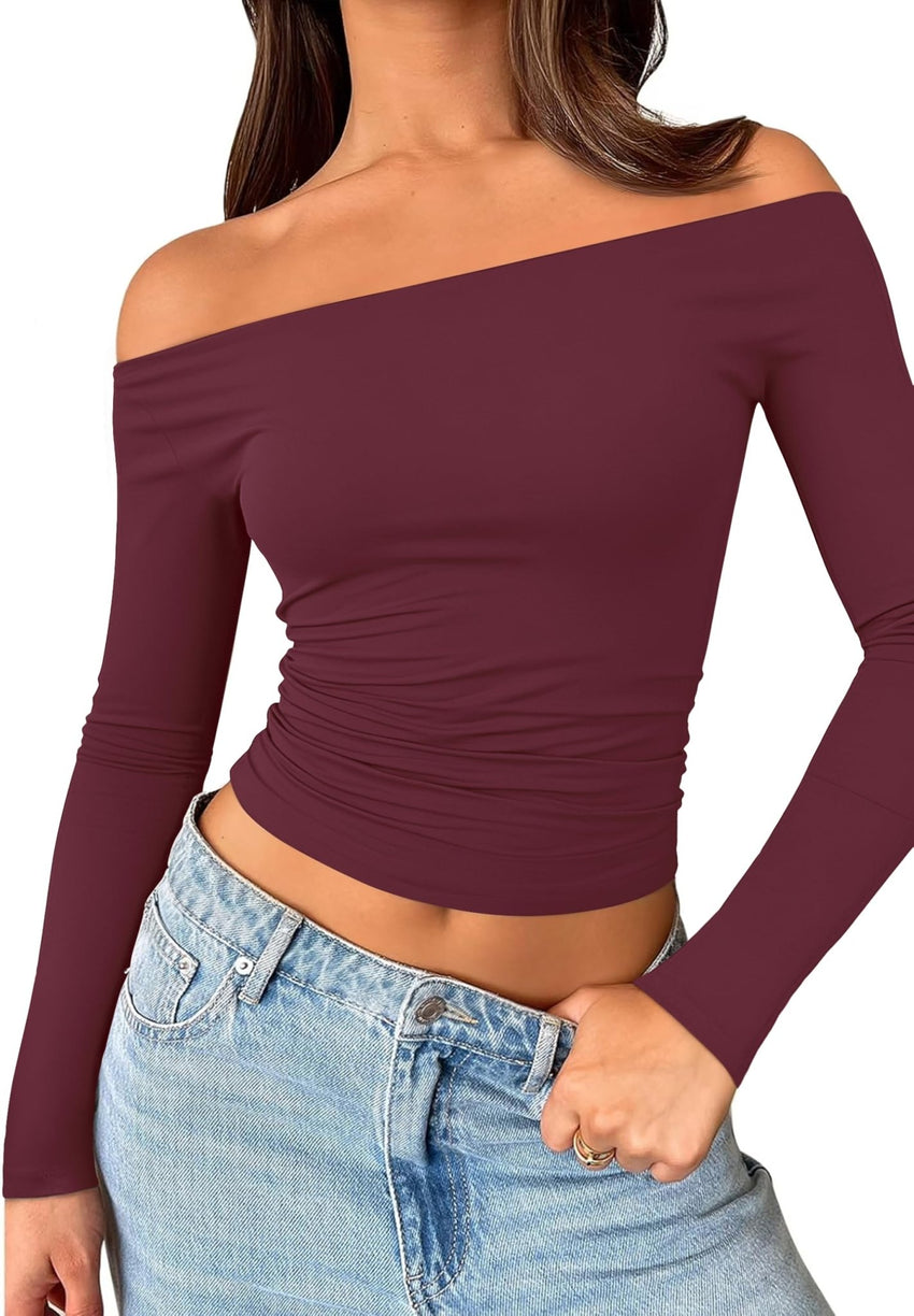 Womens Off The Shoulder Tops Long Sleeve Going Out Basic Shirts Cute Y2K Fall Trendy Fashion 2025 - 7DAY'S