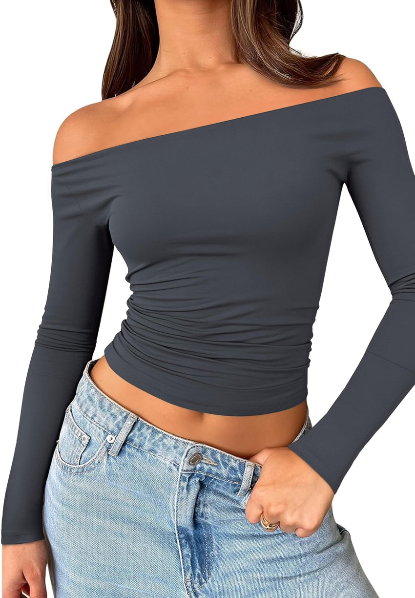 Womens Off The Shoulder Tops Long Sleeve Going Out Basic Shirts Cute Y2K Fall Trendy Fashion 2025 - 7DAY'S
