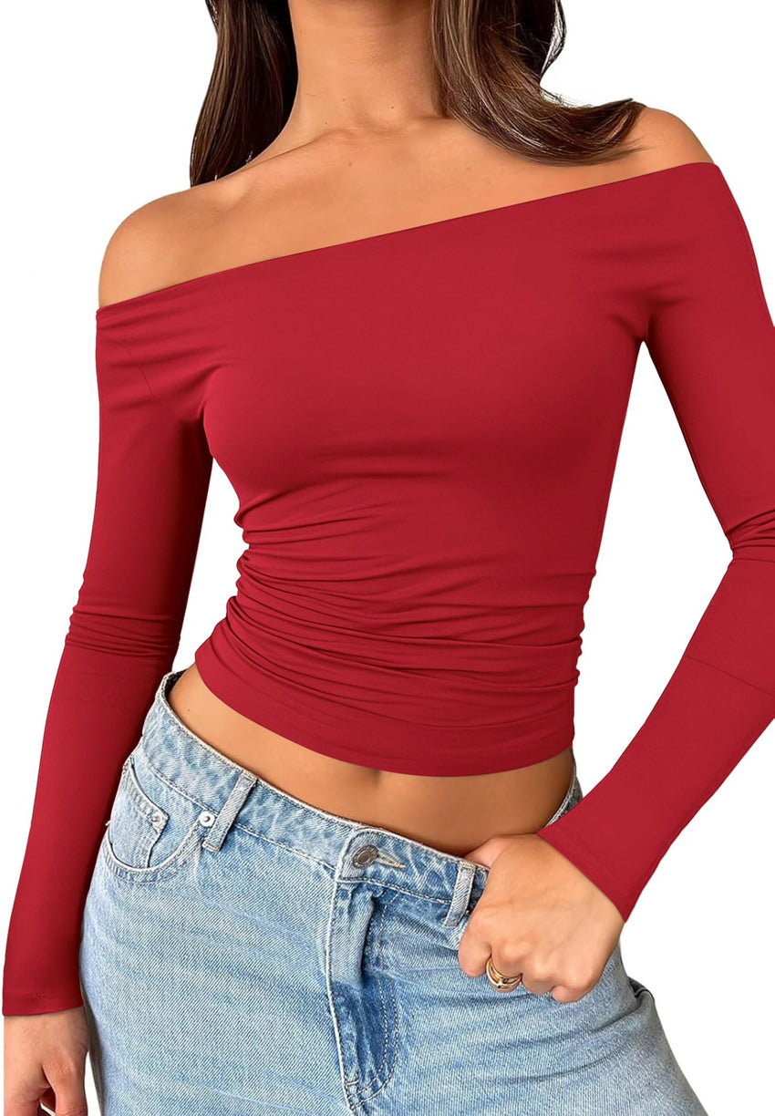 Womens Off The Shoulder Tops Long Sleeve Going Out Basic Shirts Cute Y2K Fall Trendy Fashion 2025 - 7DAY'S