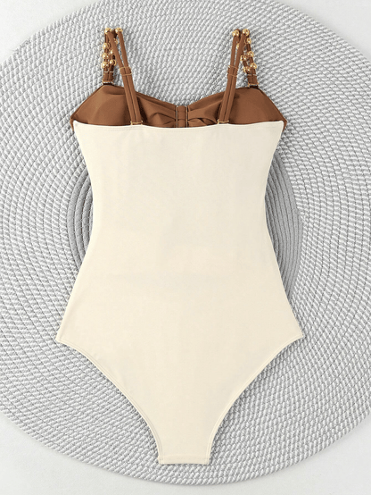 Women's one - piece patchwork color camisole swimsuit metal design - 7DAY'S