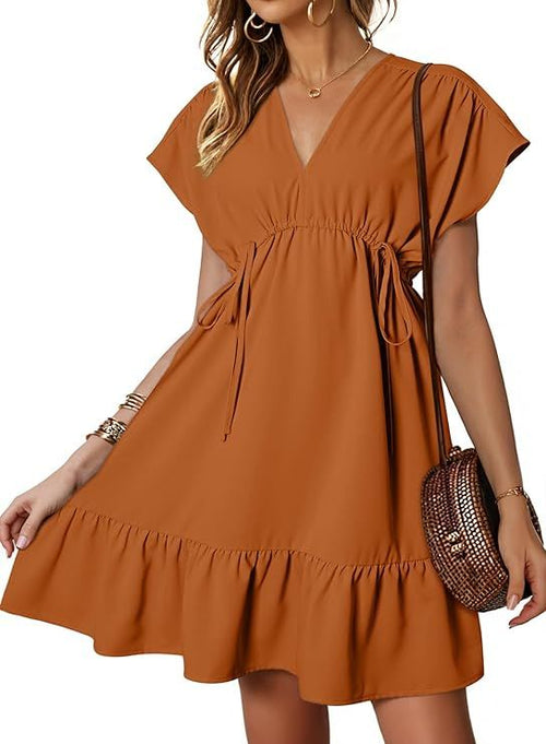 Women's Orange V Neck Ruffle Mini Dress Short Sleeve Drawstring A Line Flowy Skirt Medium Size - 7DAY'S