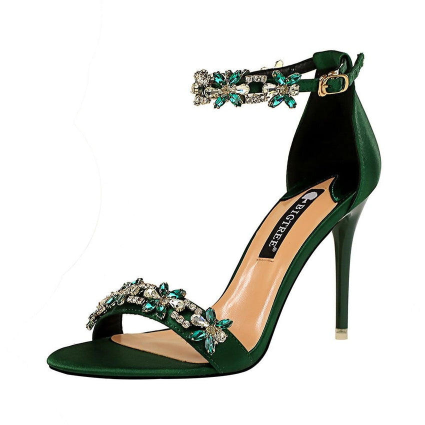 Women's Pumps; Sexy high - heeled shoes; formal women's shoes for banquet party; thin heel high - heeled shoes; satin open toe rhinestone one word sandals - 7DAY'S