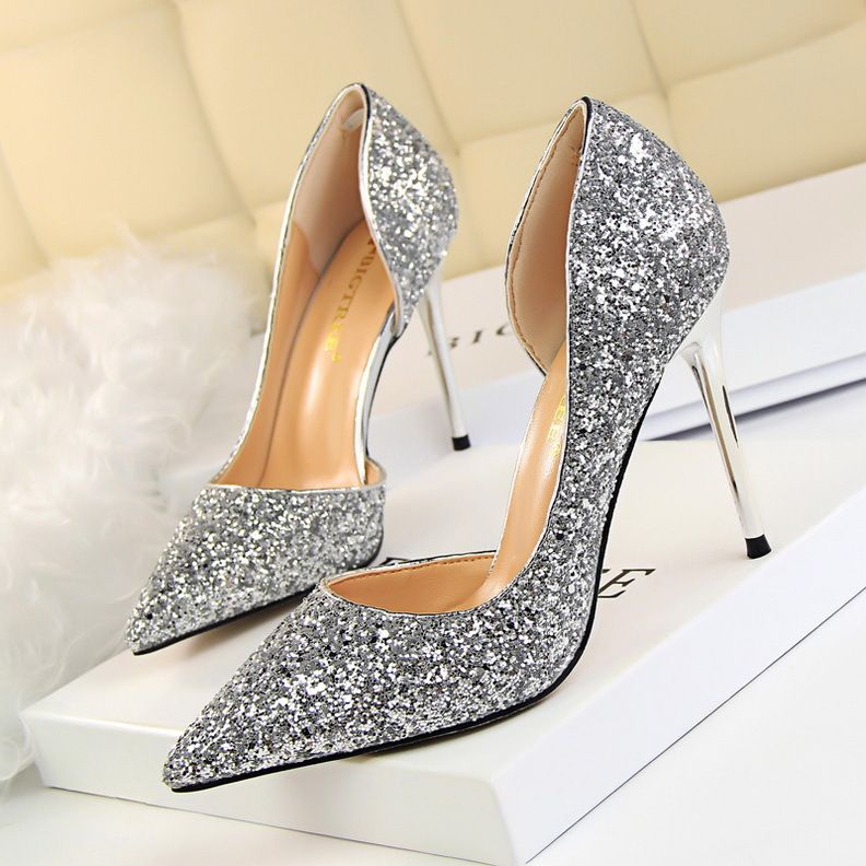 Women's Pumps; sexy women's high - heeled shoes; thin heel pointed leather shoes; hollow sides; sequins decoration - 7DAY'S