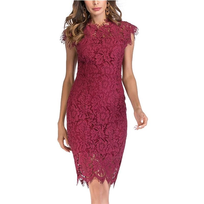 Women's Sleeveless Lace Floral Elegant Cocktail Dress Crew Neck Knee Length for Party - 7DAY'S