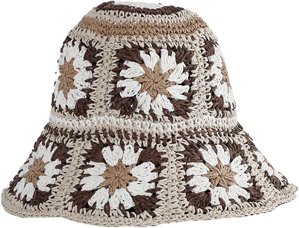 Women's Straw Sun Hat Floral Woven Bucket Hat Fishing Hat Beach Hat Hand Woven Foldable Cap - 7DAY'S