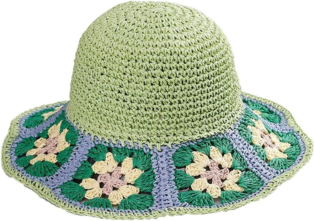 Women's Straw Sun Hat Floral Woven Bucket Hat Fishing Hat Beach Hat Hand Woven Foldable Cap - 7DAY'S
